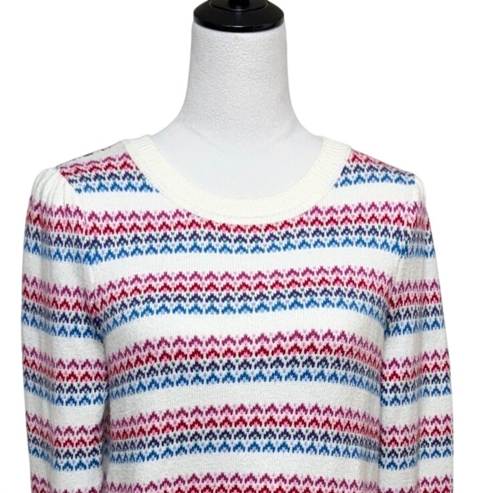 Talbots Sweater Women Large White Pink Blue Fair Isle Red Wave Jacquard Pullover